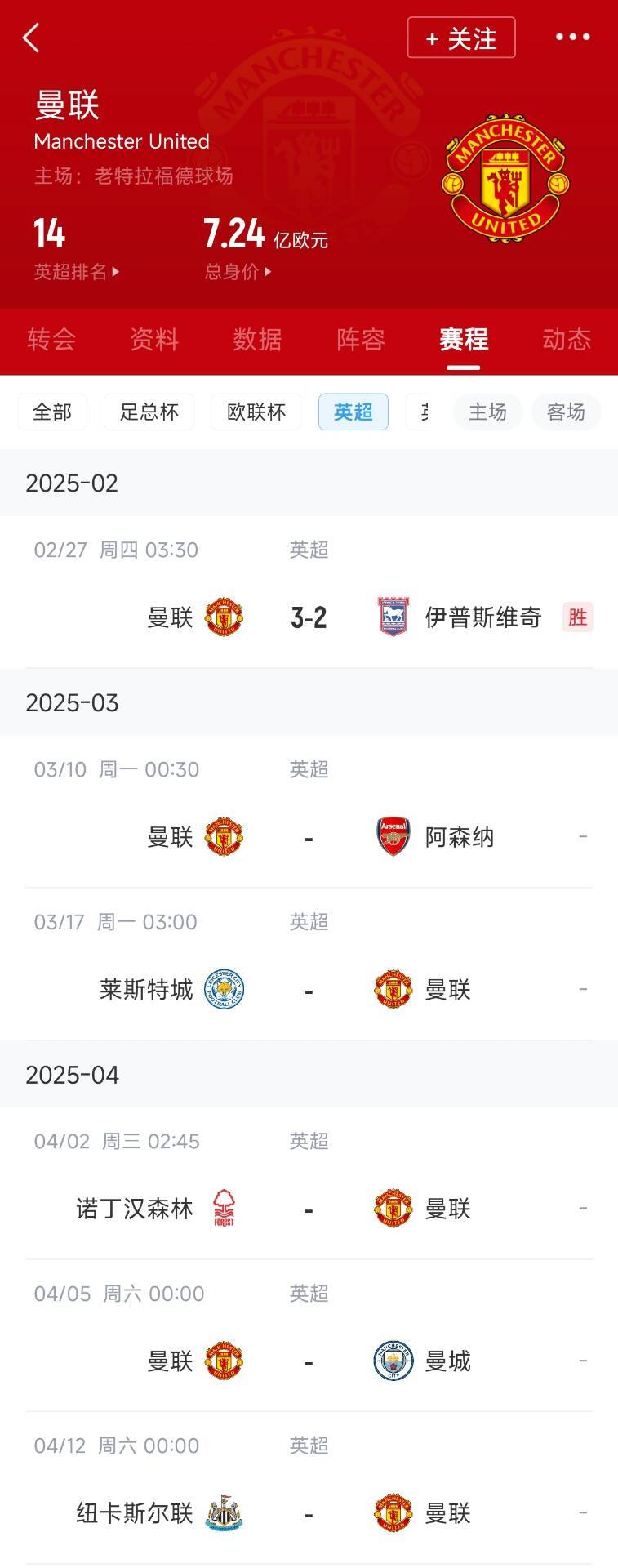  藍(lán)狐救一下？曼聯(lián)未來(lái)5輪將遭遇英超2/3/4/6名：槍手森林曼城紐卡