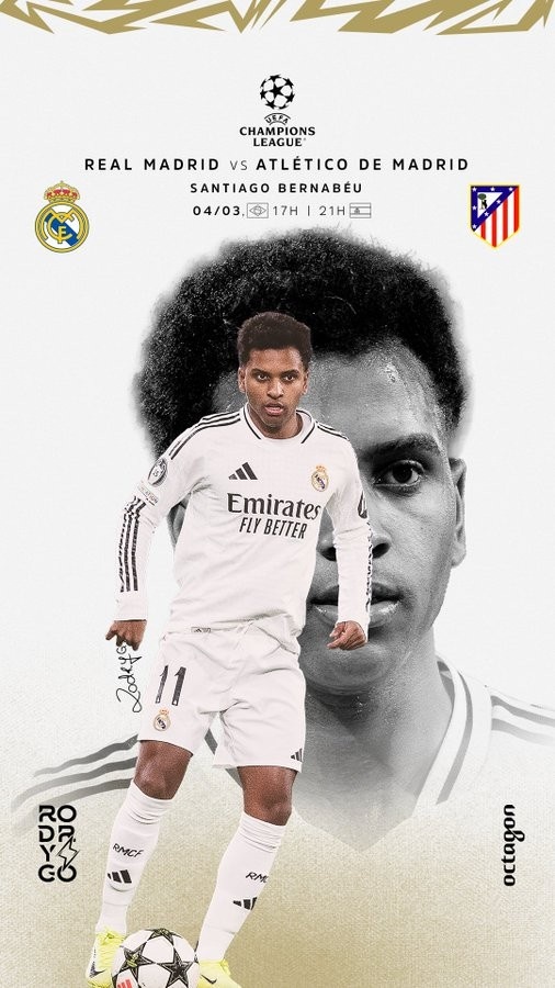  歐冠馬德里德比！羅德里戈曬個(gè)人海報(bào)：伯納烏見，HALA MADRID