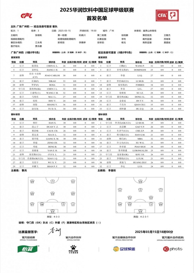  廣州豹vs延邊龍鼎首發(fā)：卡洛斯、羅薩、尼康三外援領(lǐng)銜廣州豹